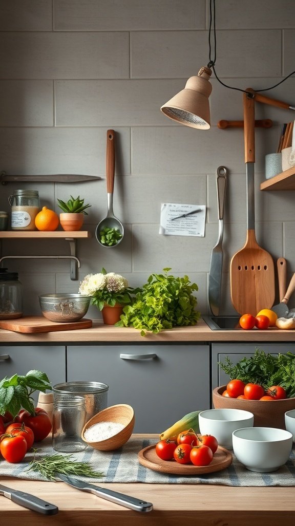 A cozy cottage kitchen with fresh ingredients on the counter, wooden shelves, and warm lighting.