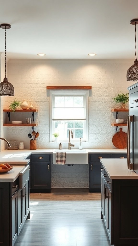 A modern farmhouse kitchen featuring a textured white brick wall, dark cabinets, and open shelving.