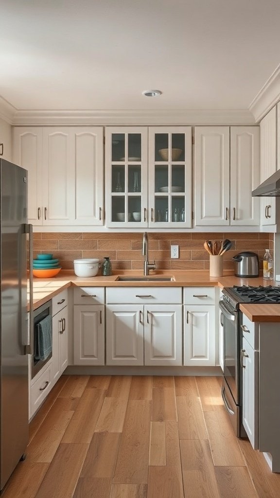 A bright kitchen with white cabinets and warm wooden countertops.