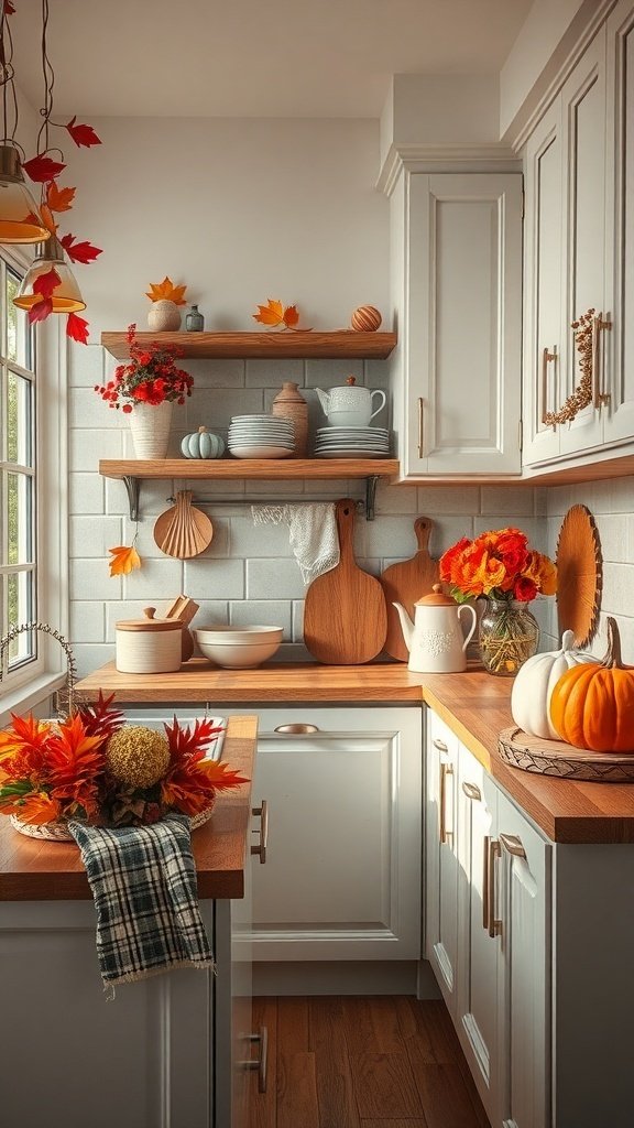A cozy kitchen decorated for autumn with pumpkins, flowers, and wooden elements.