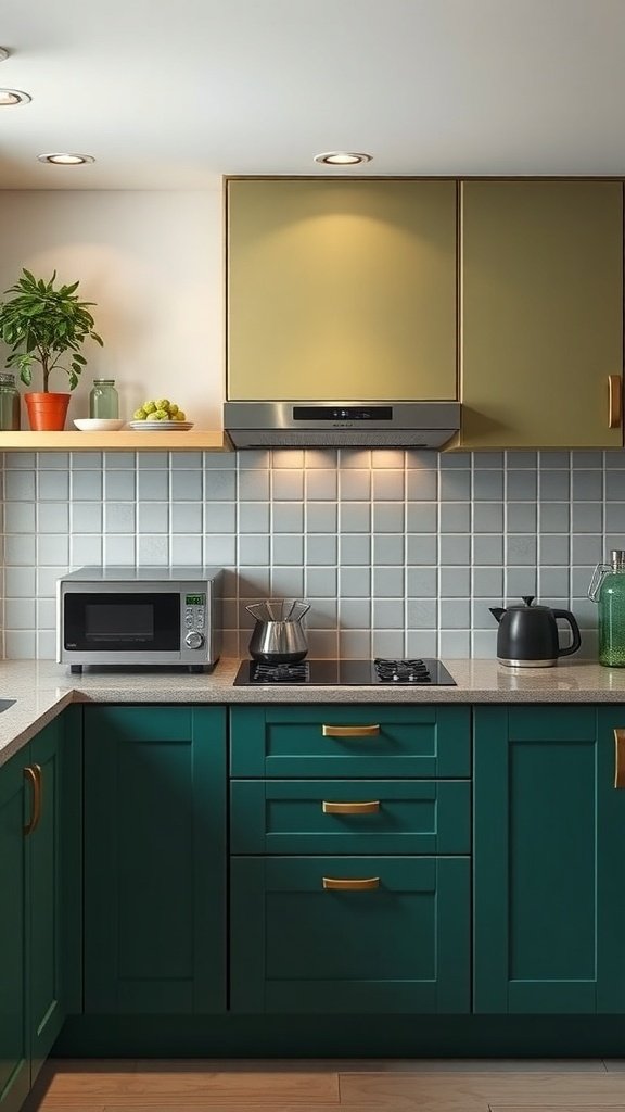 A modern kitchen featuring green cabinets, a light countertop, and smart appliances.
