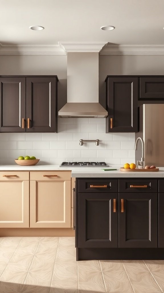 A kitchen with two-tone cabinets: dark brown on the right and light beige on the left, featuring stylish hardware.