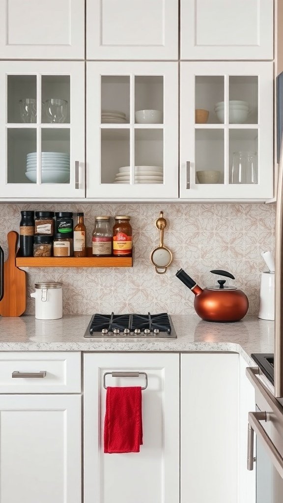 A small kitchen with a stylish backsplash and wooden shelf for storage.