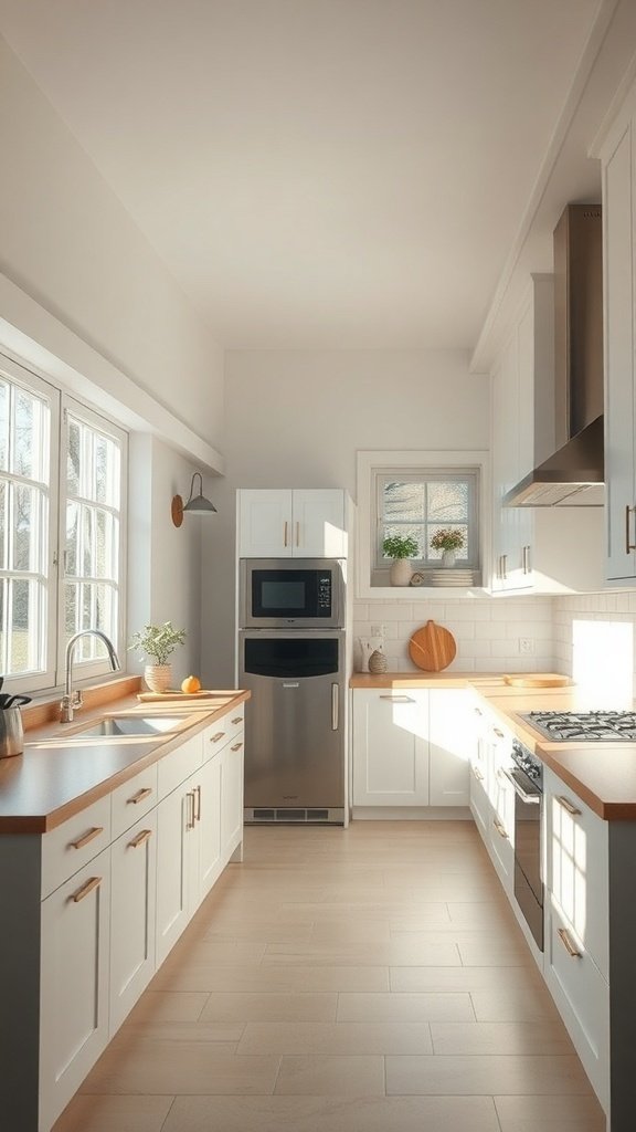 A bright and airy kitchen with large windows and light-colored cabinetry.