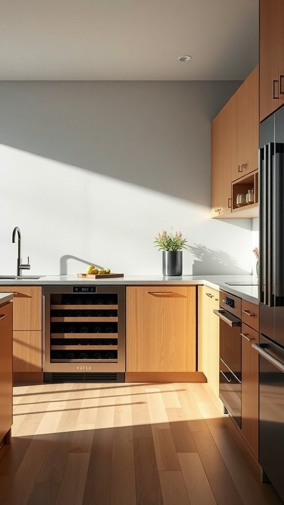 A modern kitchen featuring an integrated wine cooler with wooden cabinetry and a bright, airy atmosphere.