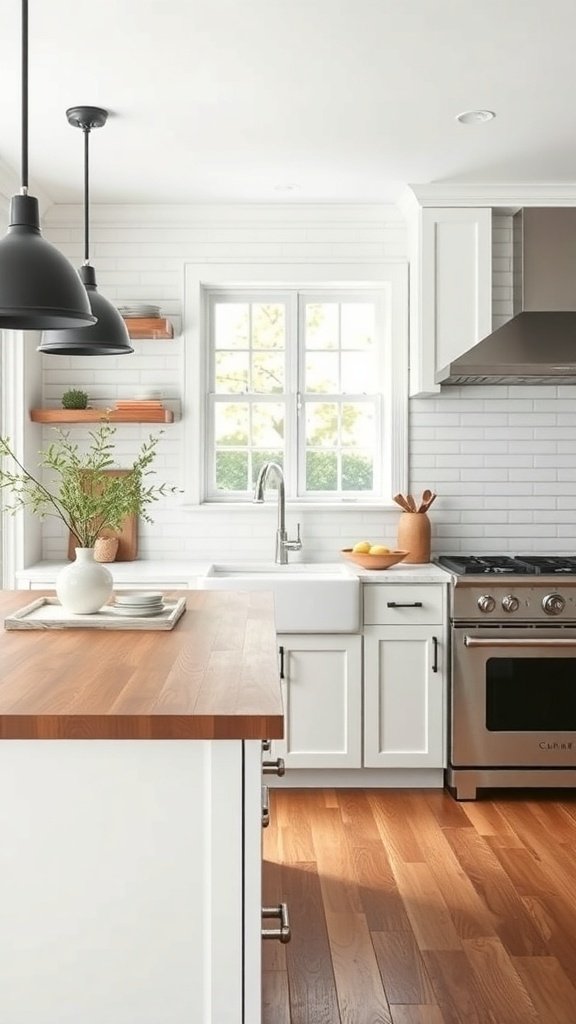 A modern farmhouse kitchen featuring a wooden countertop, white cabinetry, and natural light.