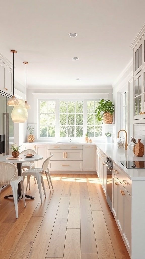 A bright open kitchen with a group of friends interacting, featuring large windows and a modern design.