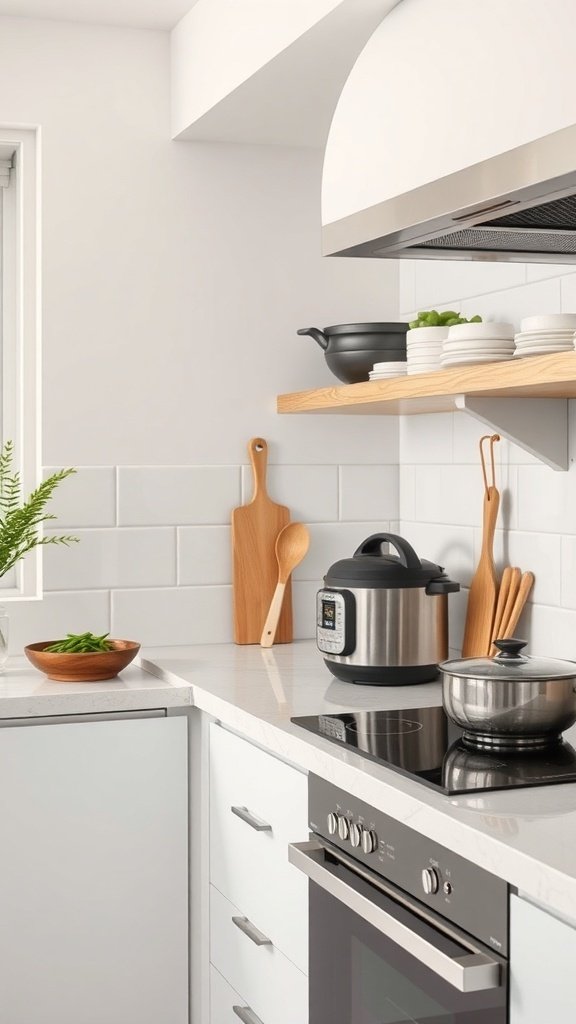 A modern kitchen with an electric pressure cooker, pots, and natural decor.