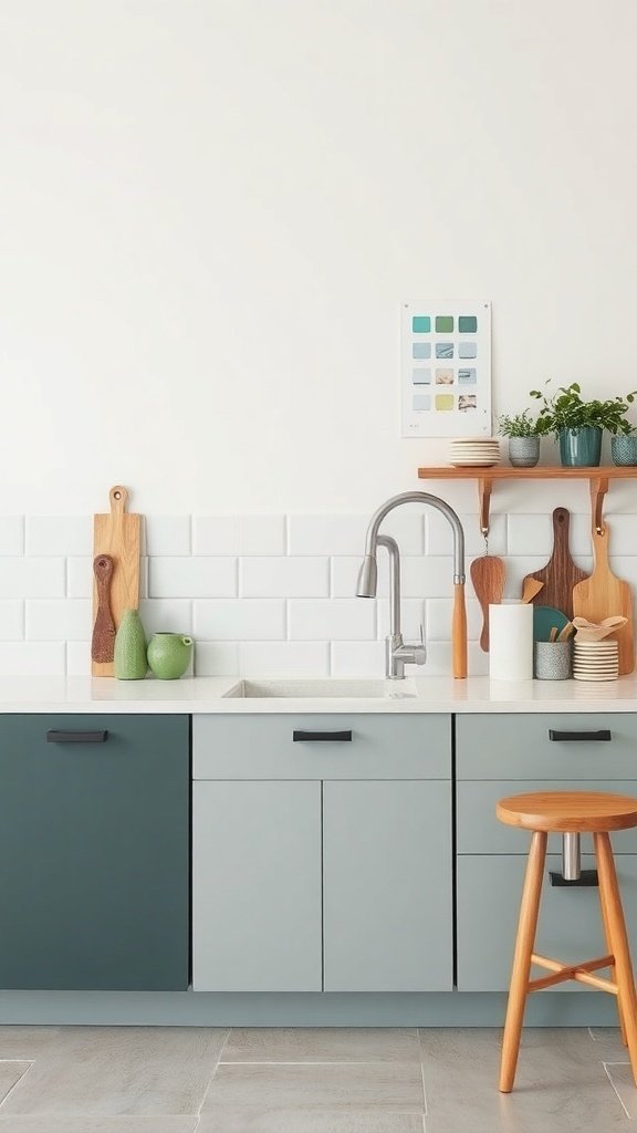 A modern kitchen with a mix of soft greens and grays, featuring a color swatch on the wall.