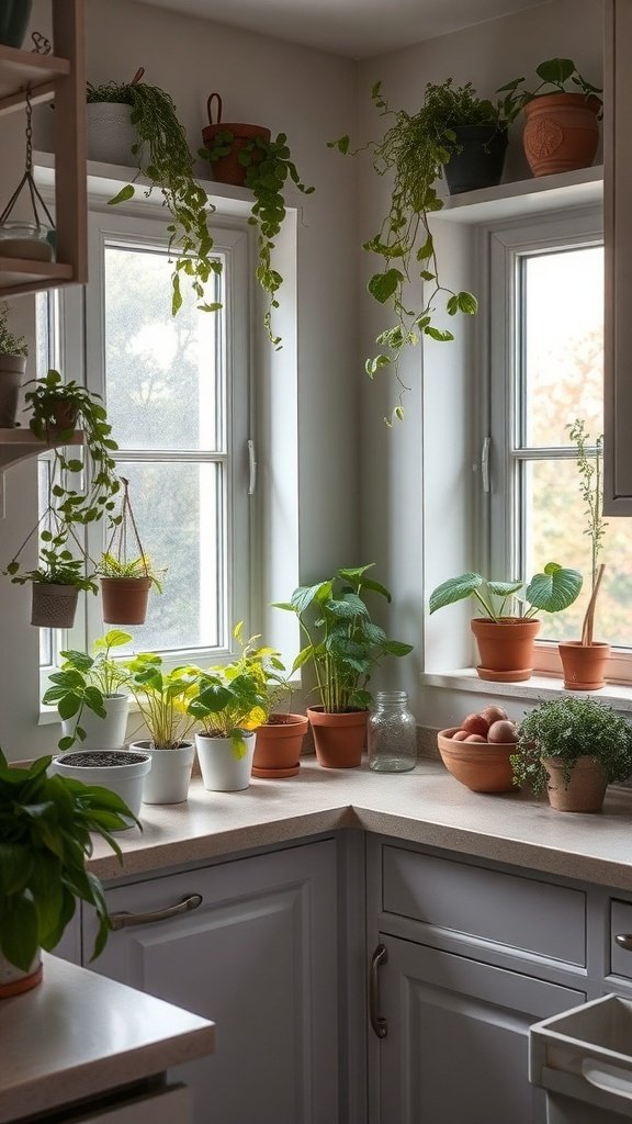 A small kitchen corner filled with various plants in pots on the windowsill and countertop.