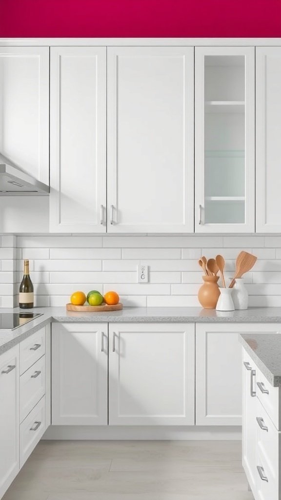 A modern kitchen featuring white cabinets and a bright pink wall.
