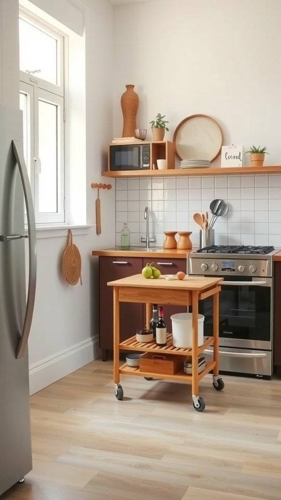 A portable kitchen cart in a small kitchen, featuring a wooden design with wheels and various kitchen items.