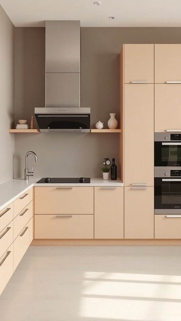 A modern beige kitchen featuring smart technology with sleek cabinetry and integrated appliances.