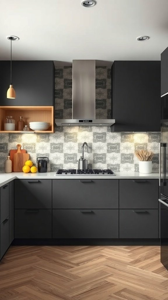 Modern kitchen with a stylish patterned backsplash, black cabinets, and a light countertop