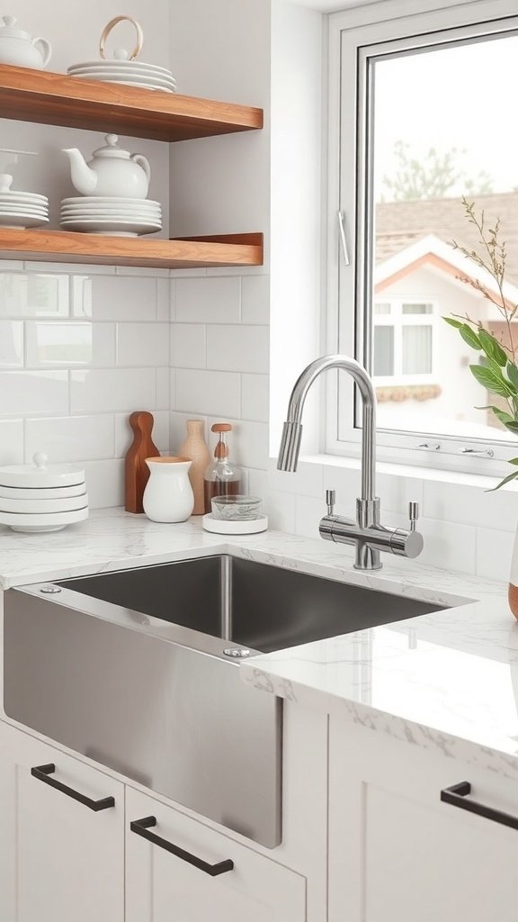 A modern kitchen sink with a stainless steel farmhouse sink, marble countertop, and stylish faucet.
