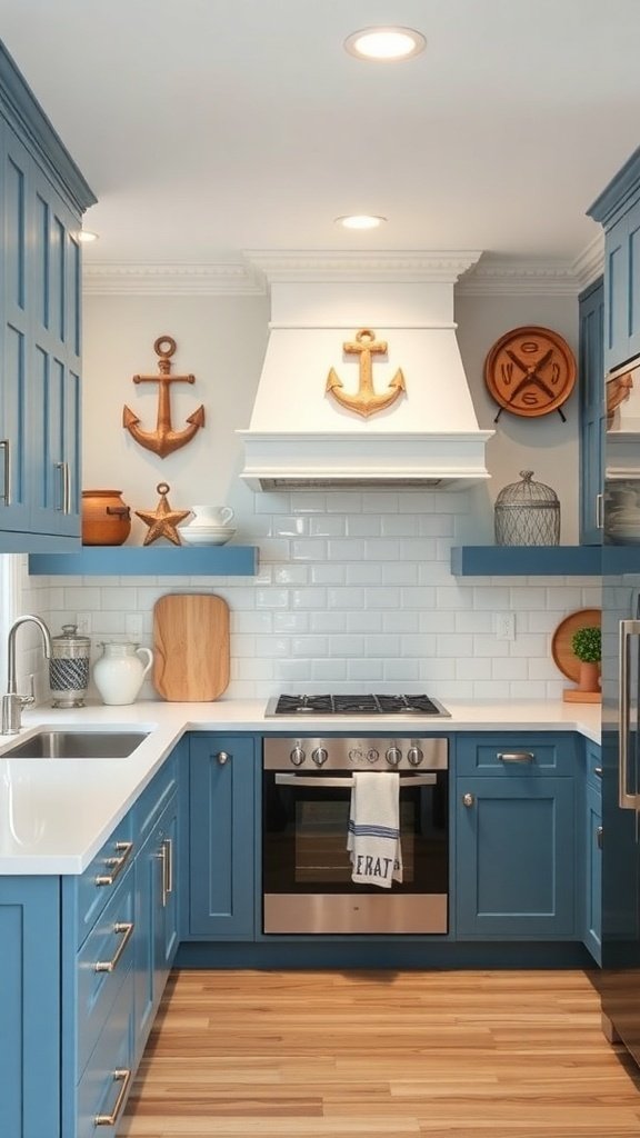 A kitchen featuring nautical-inspired blue cabinetry with decorative anchors and a bright, airy design.