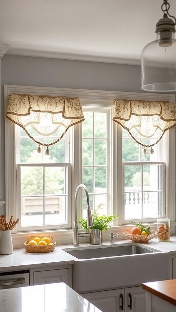Charming window treatments in a farmhouse kitchen with valance curtains and a view of the outdoors.