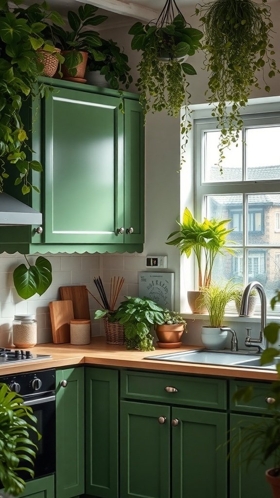 A kitchen featuring green cabinets with various plants arranged around the space, creating a lively and inviting atmosphere.