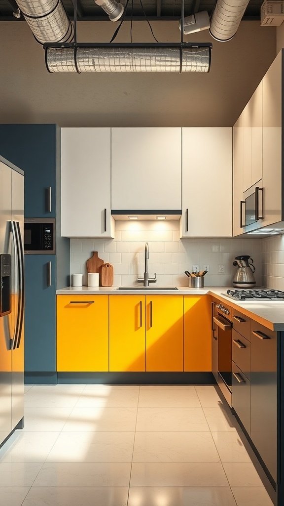 A kitchen with two-tone cabinets in yellow and blue, featuring a modern design.