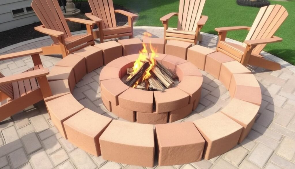 A DIY fire pit made from modular concrete blocks arranged in a circular pattern on a paver patio