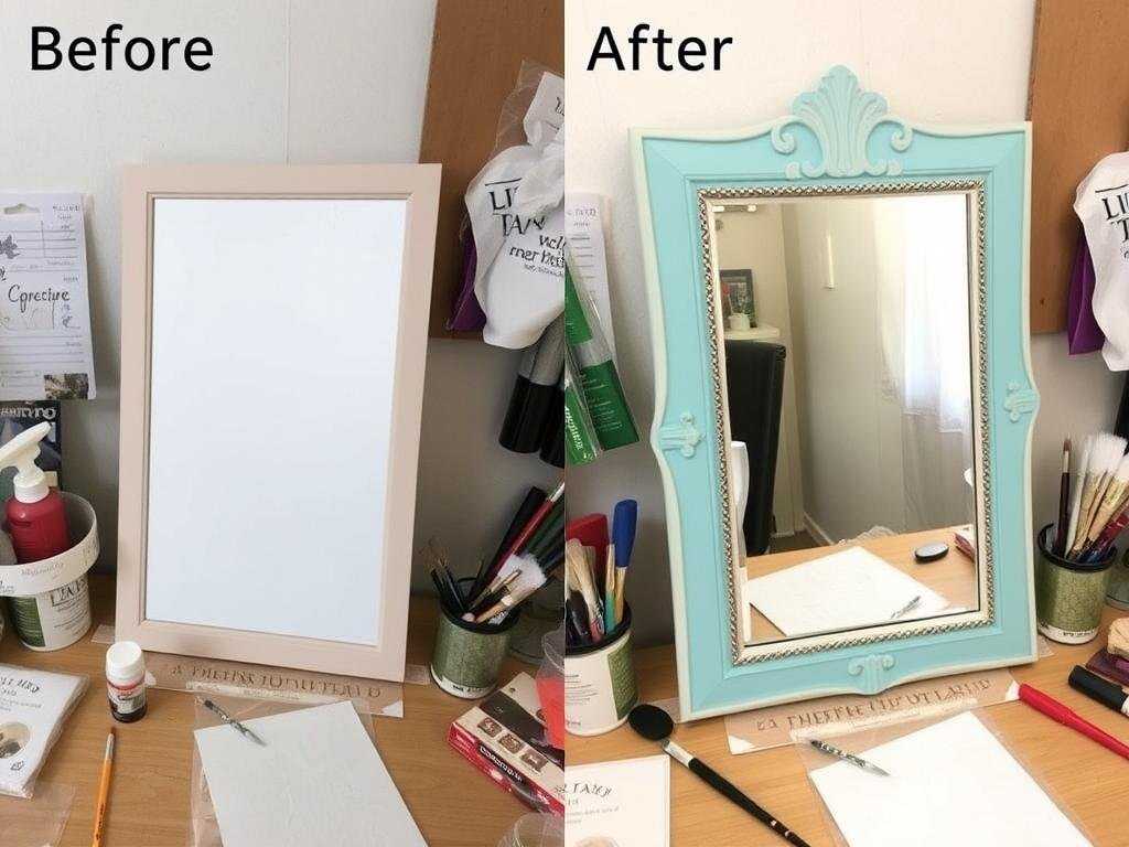 A DIY mirror project with decorative elements added to a plain mirror frame A DIY mirror project with decorative elements added to a plain mirror frame