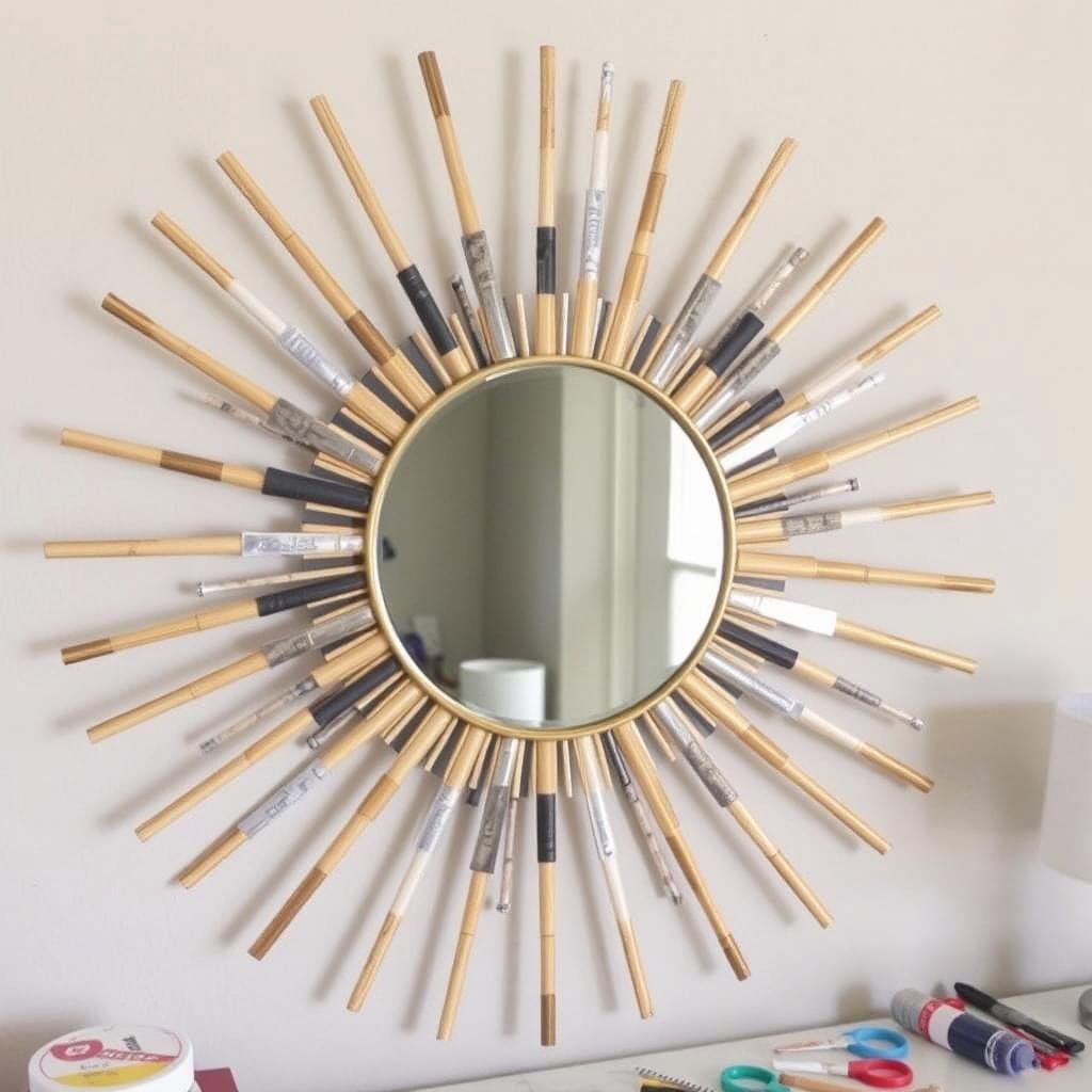 A DIY sunburst mirror made from repurposed materials like wooden sticks or metal pieces A DIY sunburst mirror made from repurposed materials like wooden sticks or metal pieces
