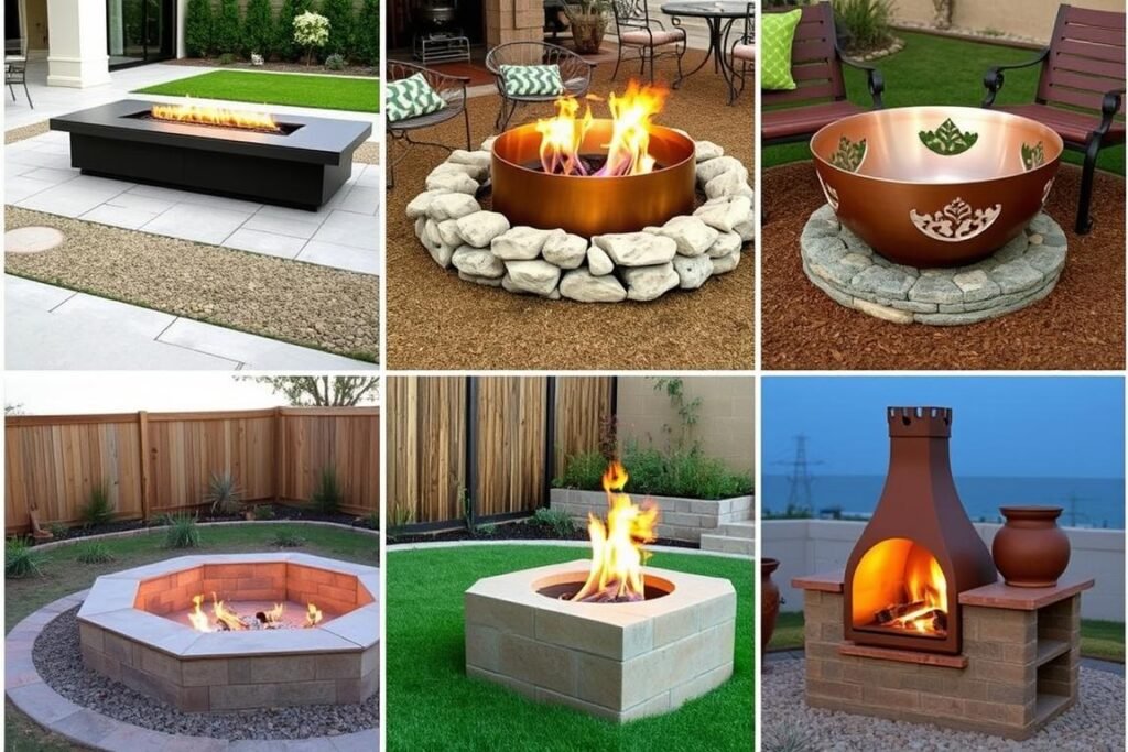 A Pinterest-worthy collage of various outdoor fire pit designs showing different styles and materials