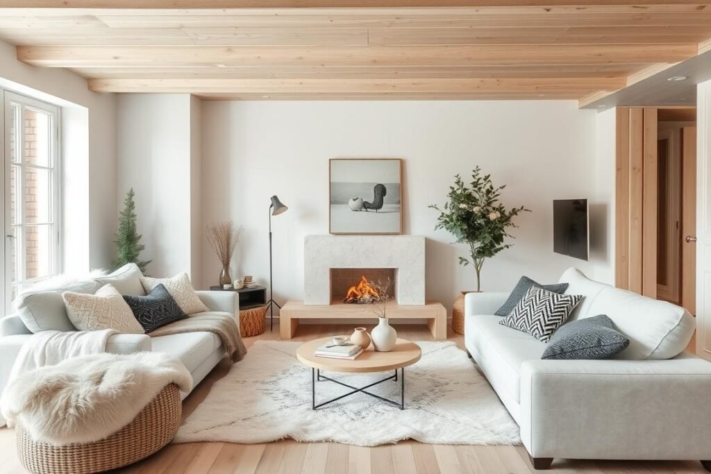 A Scandinavian hygge living room with light woods and cozy textiles A Scandinavian hygge living room with light woods and cozy textiles