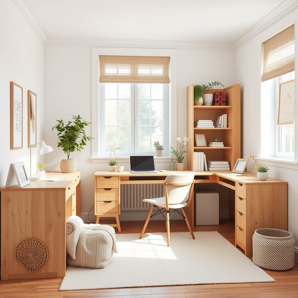 A Scandinavian-inspired study room with light woods, white surfaces, and cozy textiles creating a bright study room decor