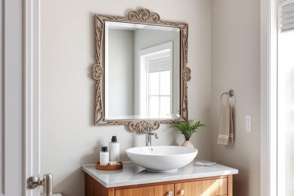 A bathroom with a decorative wall mirror above a vanity, reflecting light and creating a spa-like atmosphere A bathroom with a decorative wall mirror above a vanity, reflecting light and creating a spa-like atmosphere