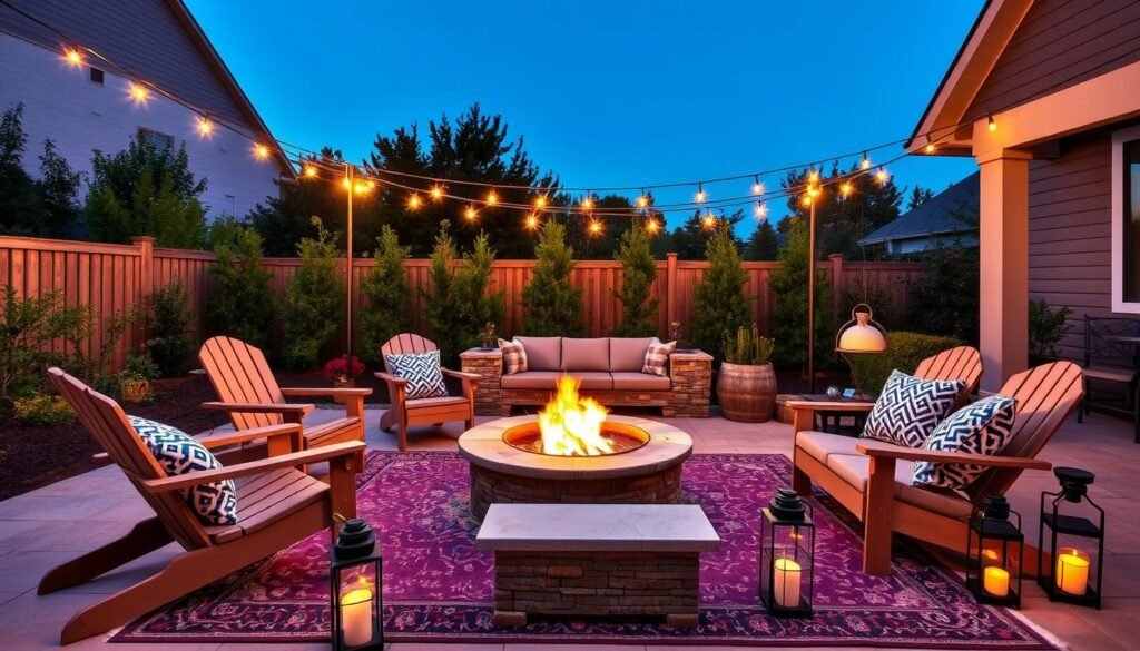 A beautifully arranged fire pit area with mixed seating, outdoor rug, side tables, and string lights at dusk