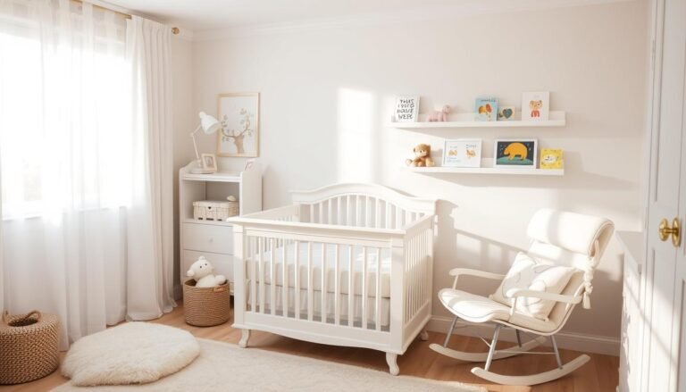 A beautifully decorated neutral baby room with a white crib, soft textiles, and natural light streaming through sheer curtains