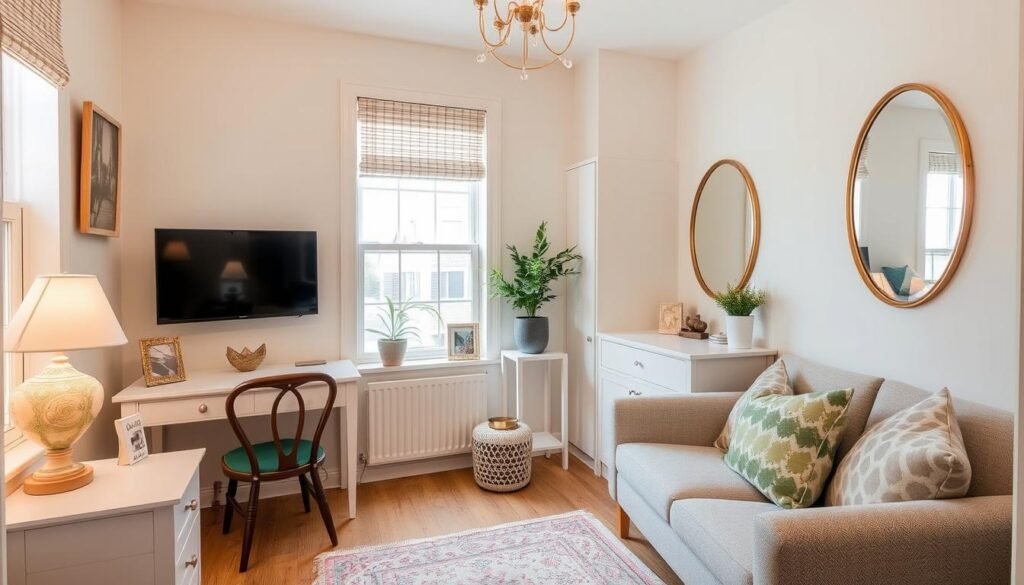 A beautifully decorated small room showcasing multiple space-enhancing techniques working together A beautifully decorated small room showcasing multiple space-enhancing techniques working together