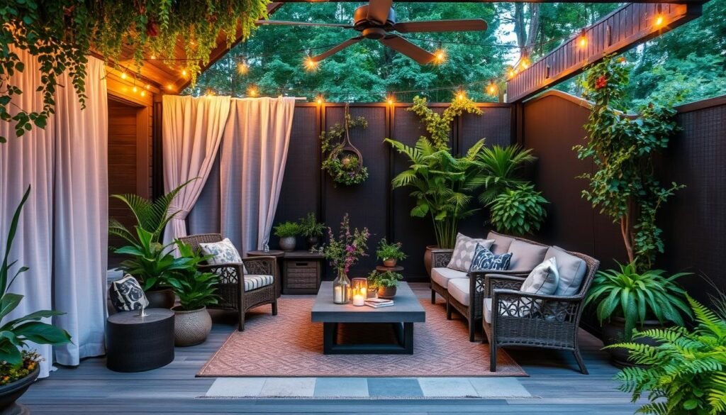 A beautifully designed outdoor space with privacy screens creating a secluded, cozy retreat A beautifully designed outdoor space with privacy screens creating a secluded, cozy retreat