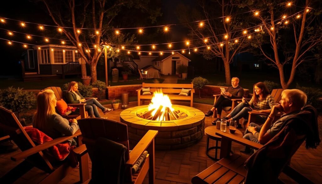 A beautifully styled complete fire pit area at night with mixed seating, lighting, and people enjoying the space