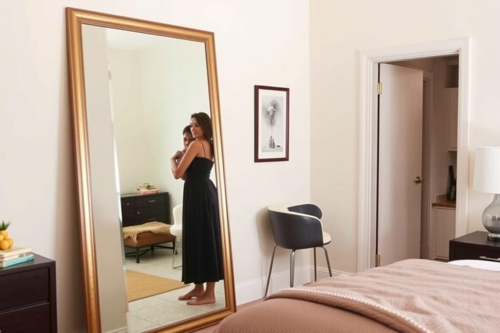 A bedroom corner with a full-length wall mirror being used to check an outfit A bedroom corner with a full-length wall mirror being used to check an outfit