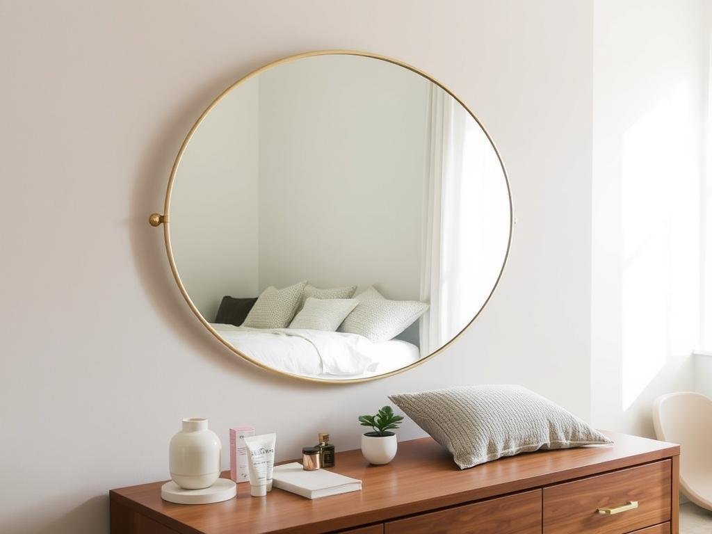 A bedroom with an oval wall mirror above a dresser, creating a stylish vanity area A bedroom with an oval wall mirror above a dresser, creating a stylish vanity area