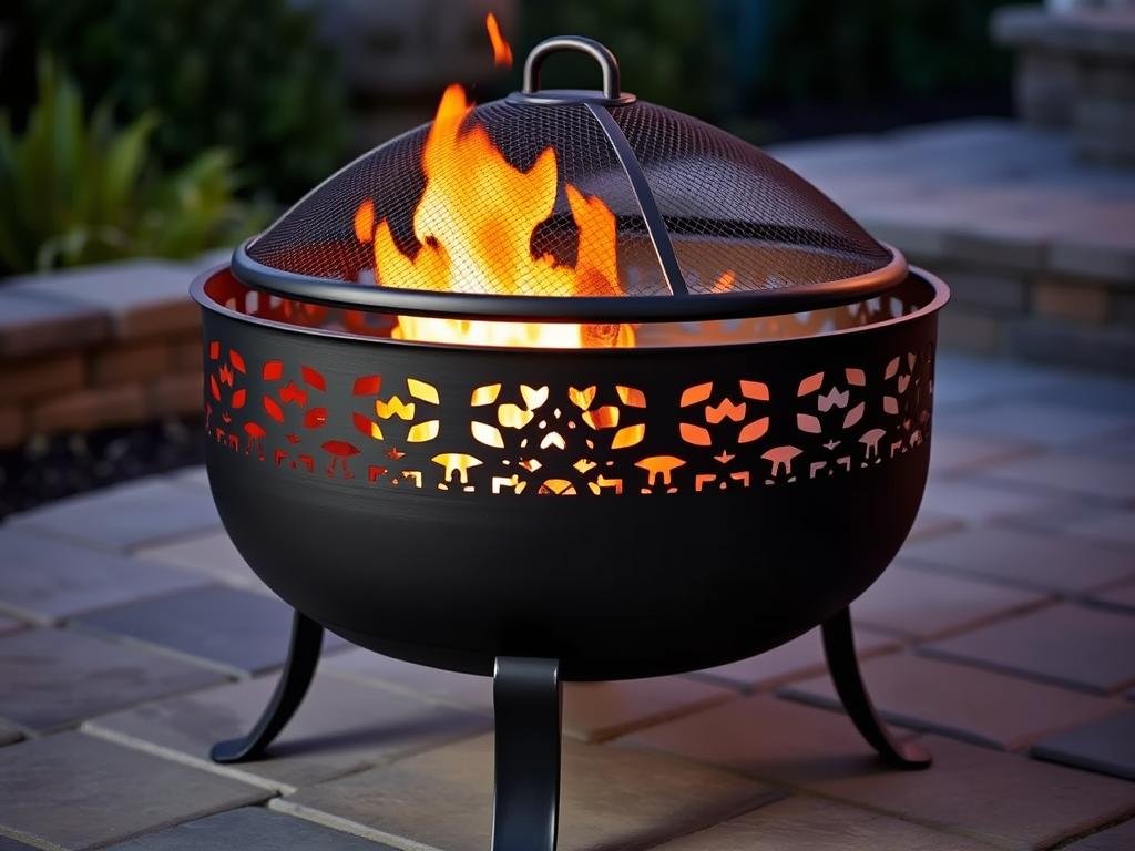 A black steel brazier fire pit with decorative cutouts and a mesh spark screen on a stone patio
