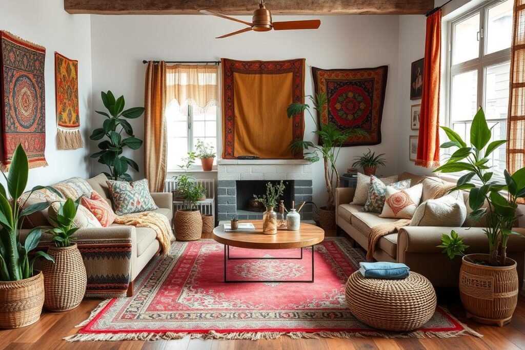 A bohemian style living room with layered textiles and global influences A bohemian style living room with layered textiles and global influences