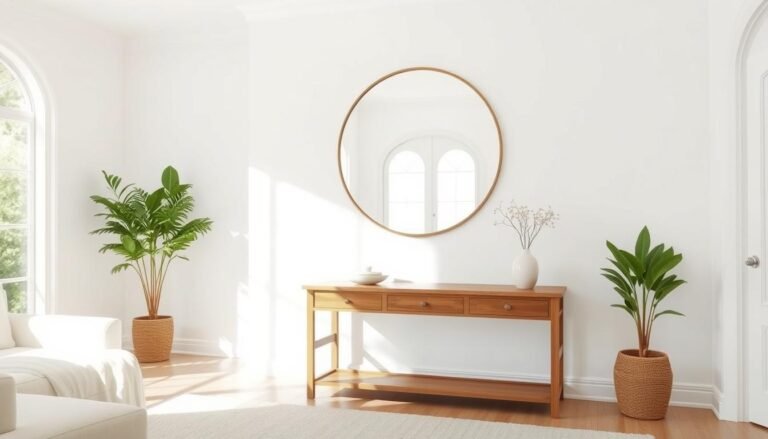 A bright living room with a large round wall mirror reflecting natural light and making the space appear larger