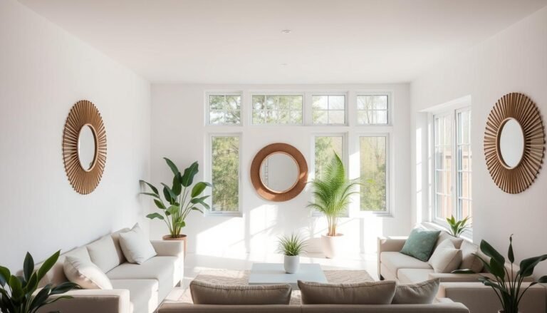 A bright living room with strategically placed mirrors reflecting natural light