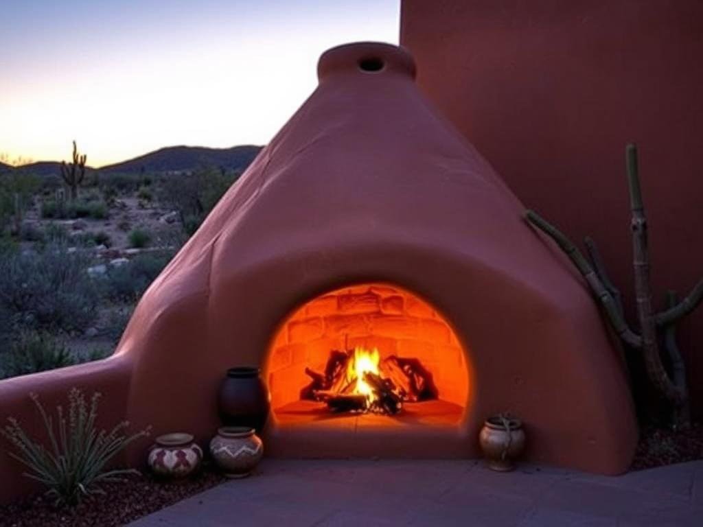 A built-in kiva fireplace with adobe finish and southwestern decorative elements on a desert patio