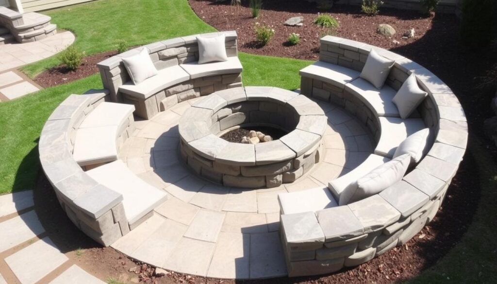 A circular stone fire pit surrounded by curved stone benches in a backyard garden setting