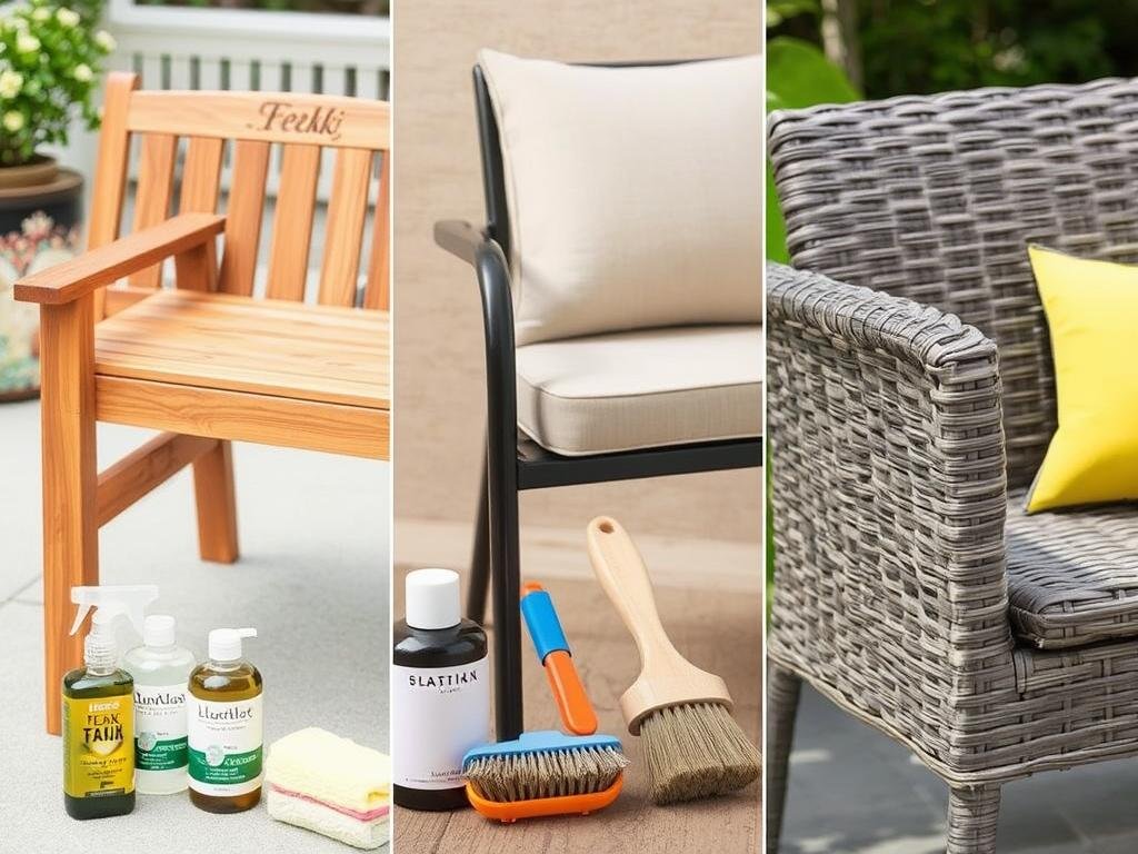 A collection of different outdoor furniture materials including teak, metal, and all-weather wicker with maintenance supplies