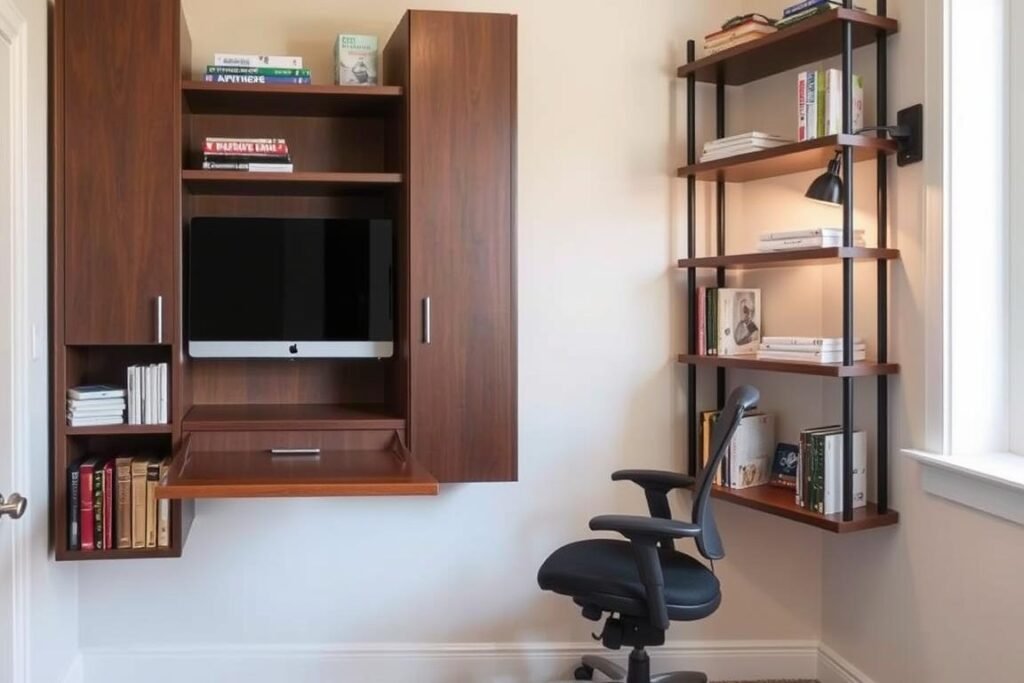 A compact home office with wall-mounted desk and vertical storage solutions A compact home office with wall-mounted desk and vertical storage solutions