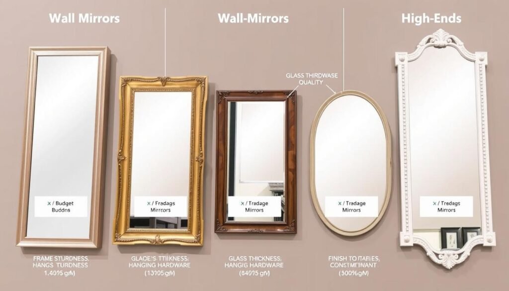 A comparison of different quality wall mirrors at various price points with visible construction details A comparison of different quality wall mirrors at various price points with visible construction details