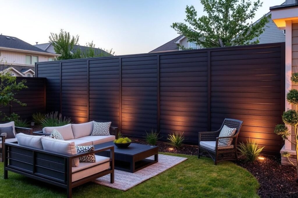 A composite privacy fence panel in a modern backyard setting with outdoor furniture A composite privacy fence panel in a modern backyard setting with outdoor furniture