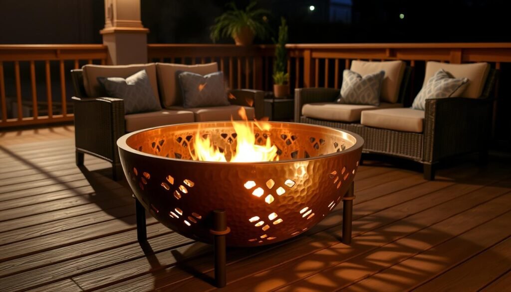 A copper fire bowl with decorative cutouts casting shadow patterns on a wooden deck with comfortable seating around it