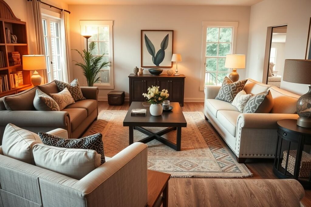 A cozy conversation area with furniture arranged in an intimate setting A cozy conversation area with furniture arranged in an intimate setting