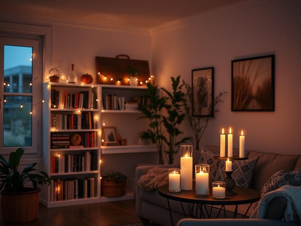A cozy corner with string lights and candles creating warm ambient lighting A cozy corner with string lights and candles creating warm ambient lighting